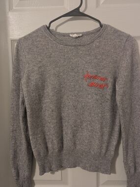 Grey Crewneck Sweater with Red 'Forever Ever' Embroidery
